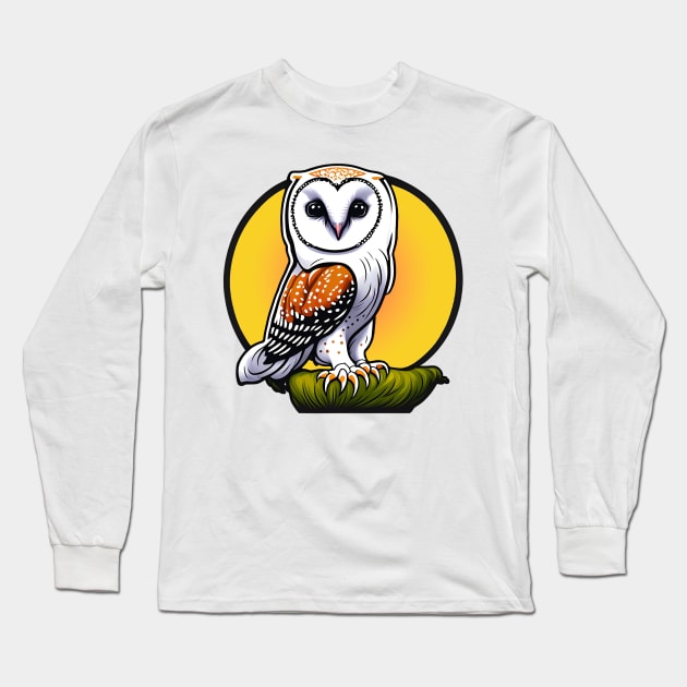 Sticker of wise looking owl stood on branch with a yellow and orange circle background. Long Sleeve T-Shirt by newbeltane